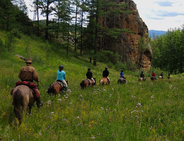 Trail Riding Group returning from Gunjiin Soum in Gorkhi Terelj National Park, Mongolia