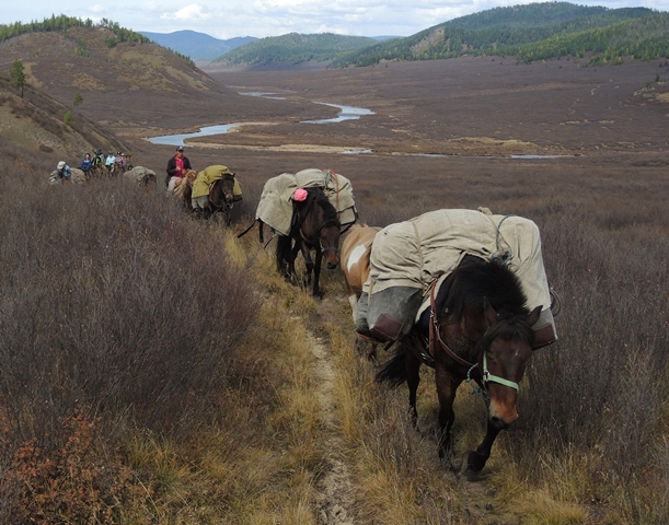 Horseback Riding tours of Stone Horse Expeditions in Mongolia, relying on pack horses for wilderness travel