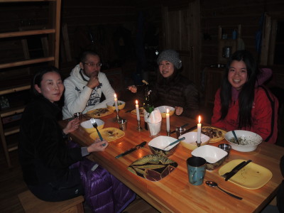 A winter ride in Mongolia, guests enjoying dinner and a cozy cabin