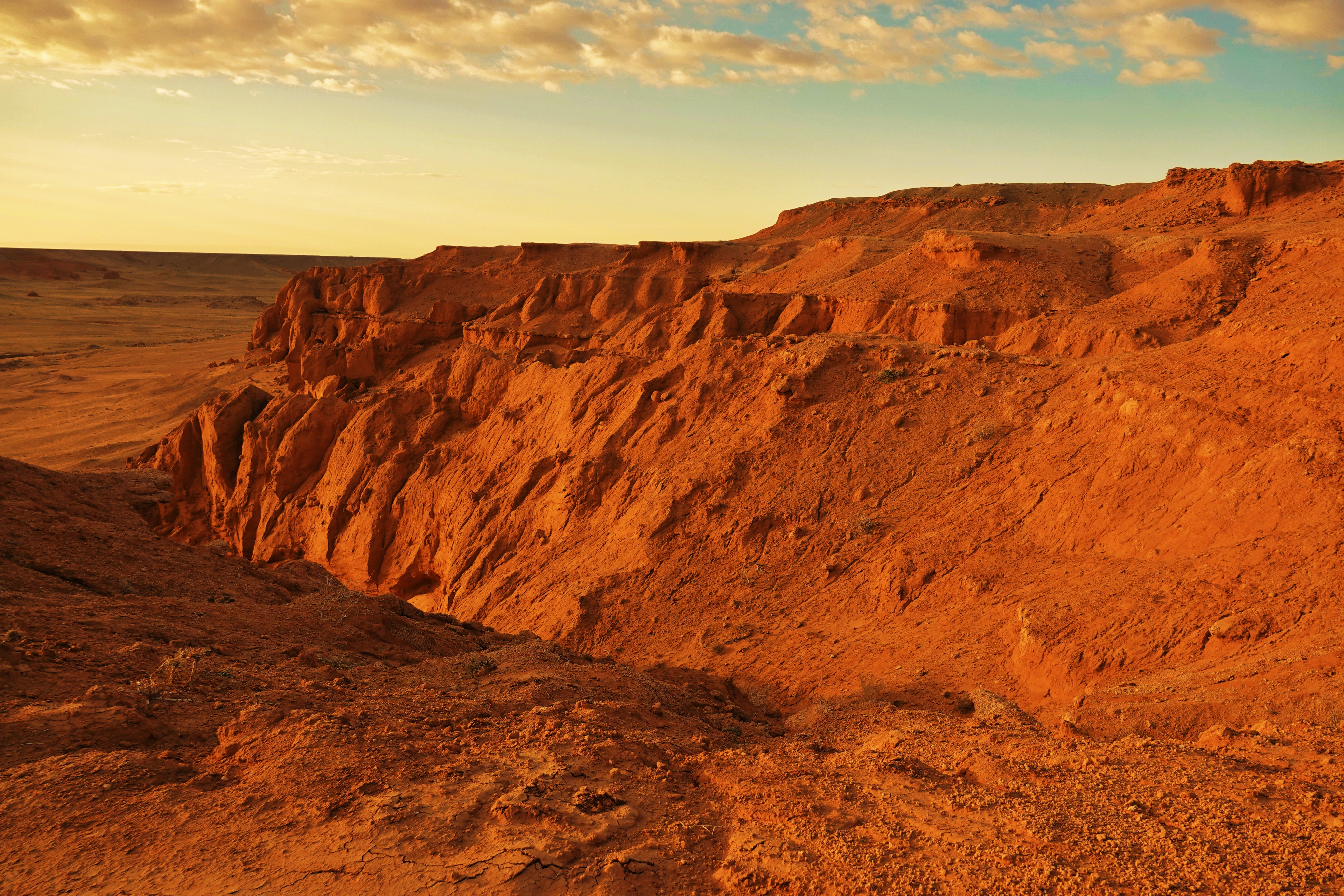 At the Flaming Cliffs in Mongolia's Gobi, sunset light